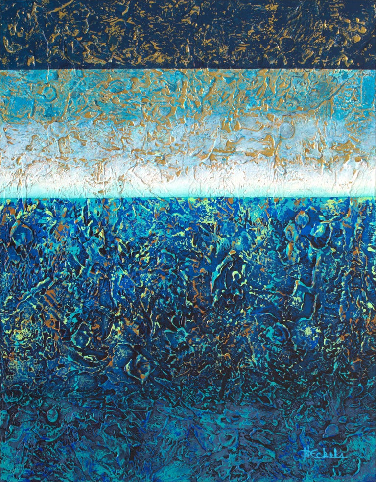 "A Little Night Fog" Mixed Media abstract with textural greens, blues and golds - Mixed Media Art by Nancy Eckels