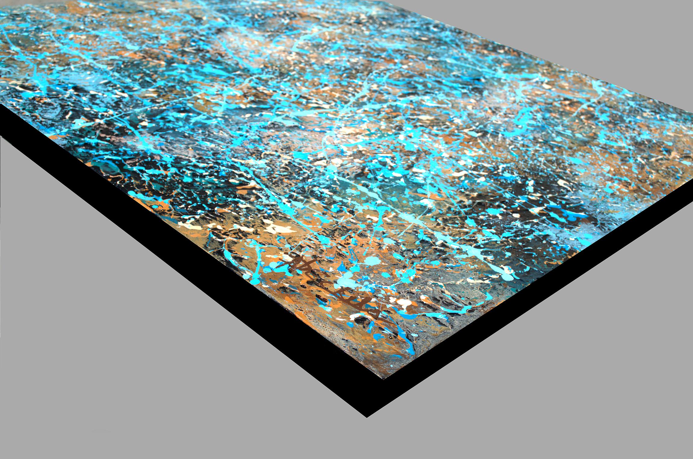 „A Mysterious Background“ Abstrakte Mischtechnik mit strukturiertem Blau, Hellbraun, Hellbraun und Grau im Angebot 2