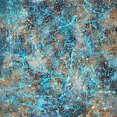 "A Mysterious Background" mixed media abstract with textural blues, tan, grays