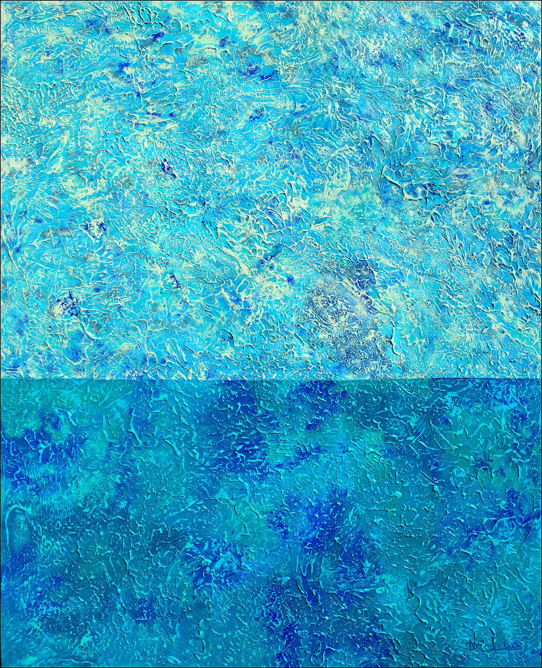 Abstract Painting Nancy Eckels - « A Serenely Quiet Sea » - Technique mixte abstraite avec texture bleu sarcelle et turquoise
