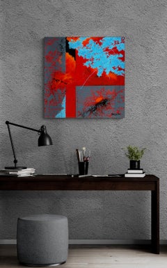 "A Tiny Bit of Structure 2"  abstract with textural blues, orange, and reds