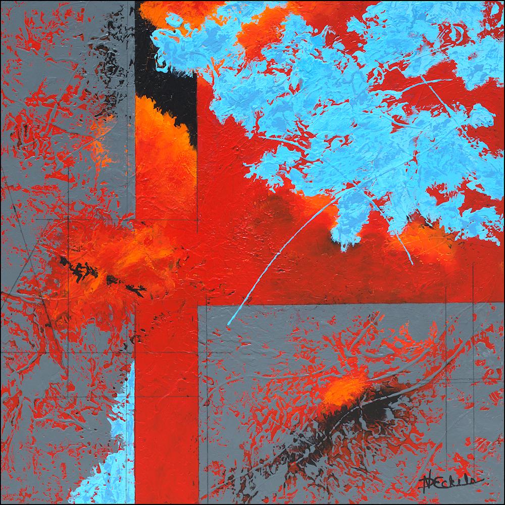 Nancy Eckels Abstract Painting - "A Tiny Bit of Structure 2"  abstract with textural blues, orange, and reds