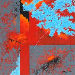 "A Tiny Bit of Structure 2"  abstract with textural blues, orange, and reds