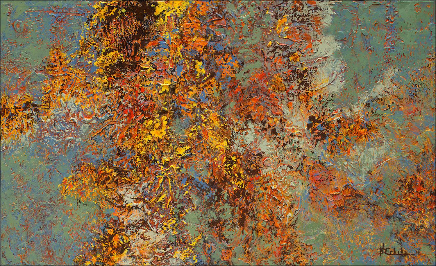 Nancy Eckels Abstract Painting - "Abundant Autumn" Mixed Media abstract with textural reds, orange, green, purples