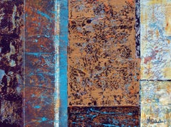 "Acquifer" by Nancy Eckels large abstract painting with textural rust and blues