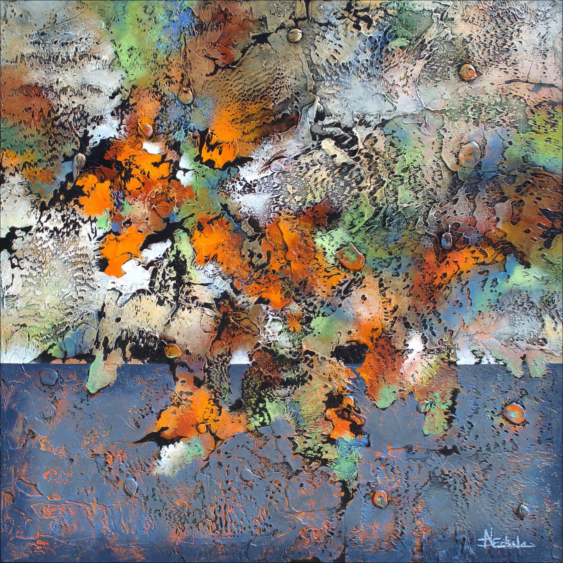 "Autumn Bonanza" is a beautiful abstract painting by Nancy Eckels that exhibits the bold colors and textures that her work is known for. Using sculptural texture with beautiful blues, lavender, and oranges,  contrasted with flowing white and gold