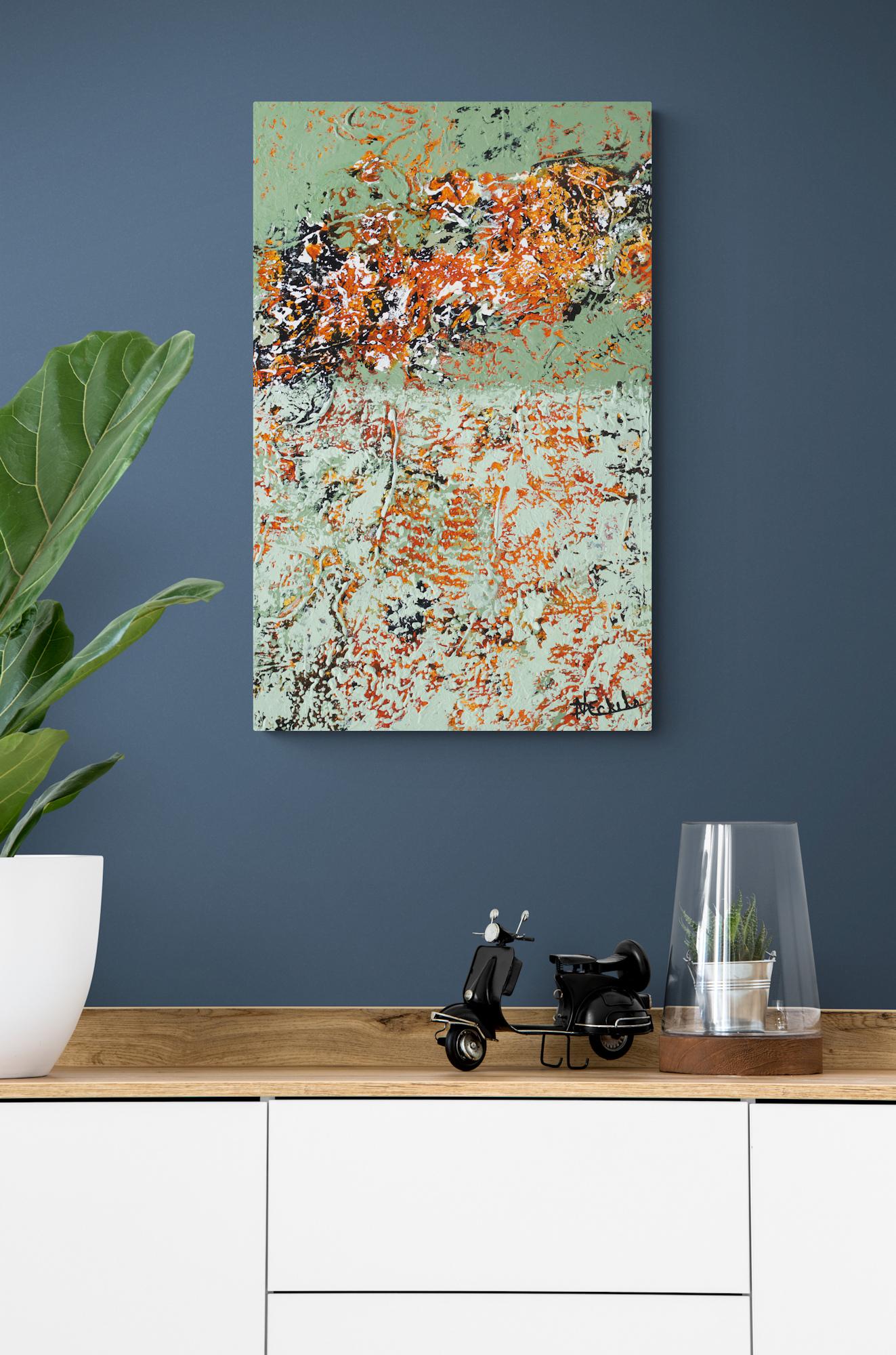 „“Herbstkreuzfahrten“““ Mixed Media abstrakt mit Textur  Grüne, aqua- und orangefarbene (Beige), Abstract Painting, von Nancy Eckels