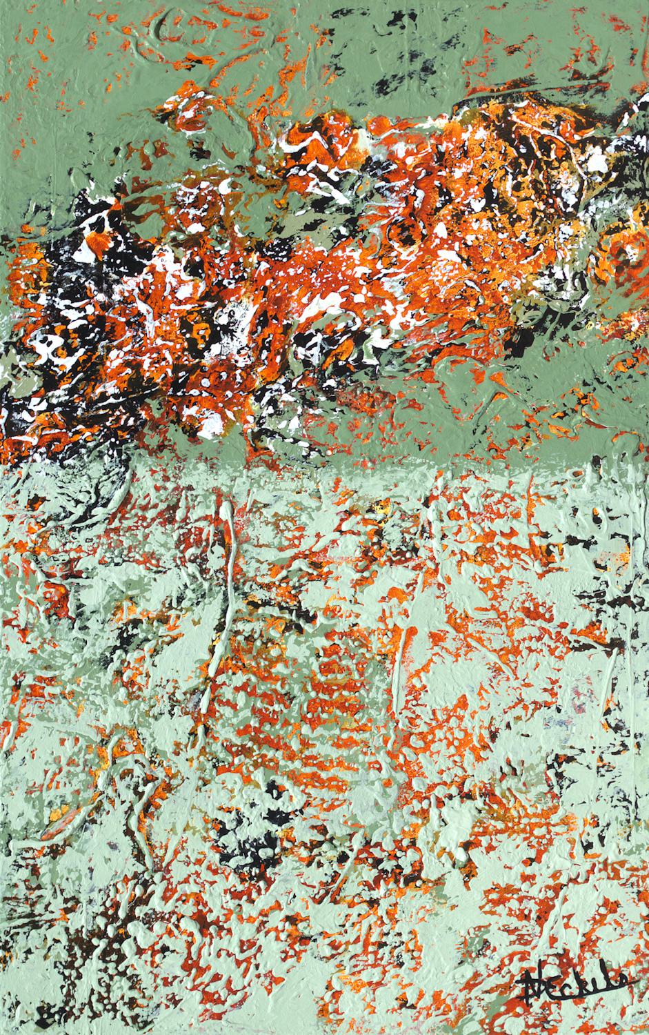 Nancy Eckels Abstract Painting - "Earth and Fire" Mixed Media abstract with textural  greens, aqua and orange