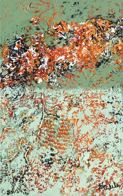 "Earth and Fire" Mixed Media abstract with textural  greens, aqua and orange