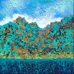"Autumn Lakeside" Mixed Media abstract with textural greens, blues and oranges