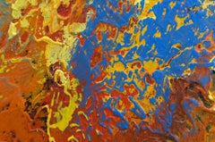 "Autumn Sky  Mixed Media abstract with textural golds, blue, red and lavender