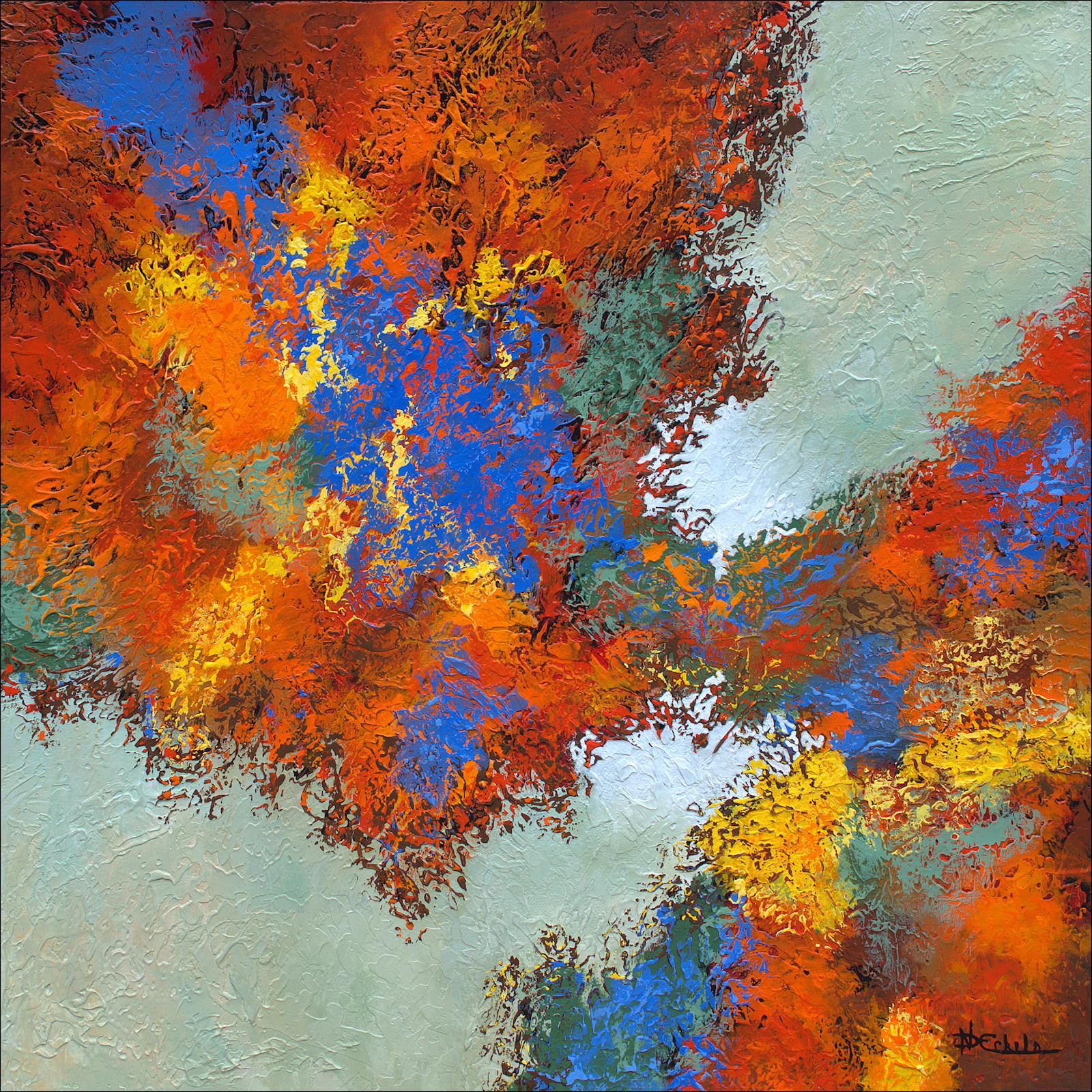 "Autumn Sky  Mixed Media abstract with textural golds, blue, red and lavender  - Mixed Media Art by Nancy Eckels