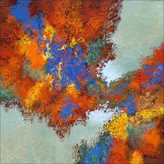 "Autumn Sky  Mixed Media abstract with textural golds, blue, red and lavender 