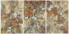 "Autumn Triptych" large abstract paintings with textural tans, oranges, pastels