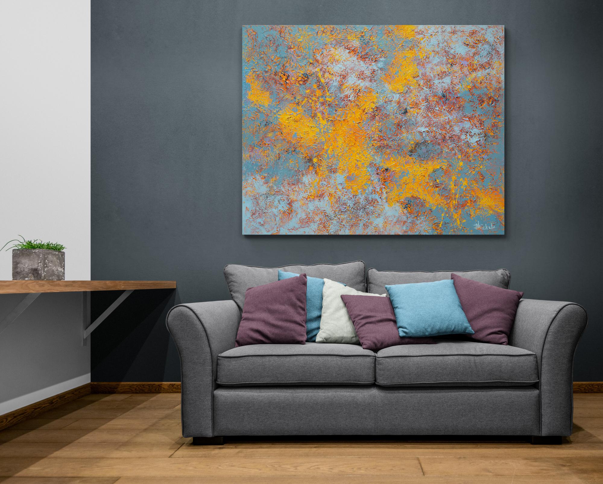 „Barely Contained“ Abstraktes Gemälde in Mischtechnik mit strukturiertem Gold, Rot und Lavendel  – Painting von Nancy Eckels