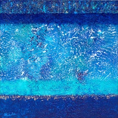 "Beach Day"  Mixed Media abstract with textural greens, blues and white
