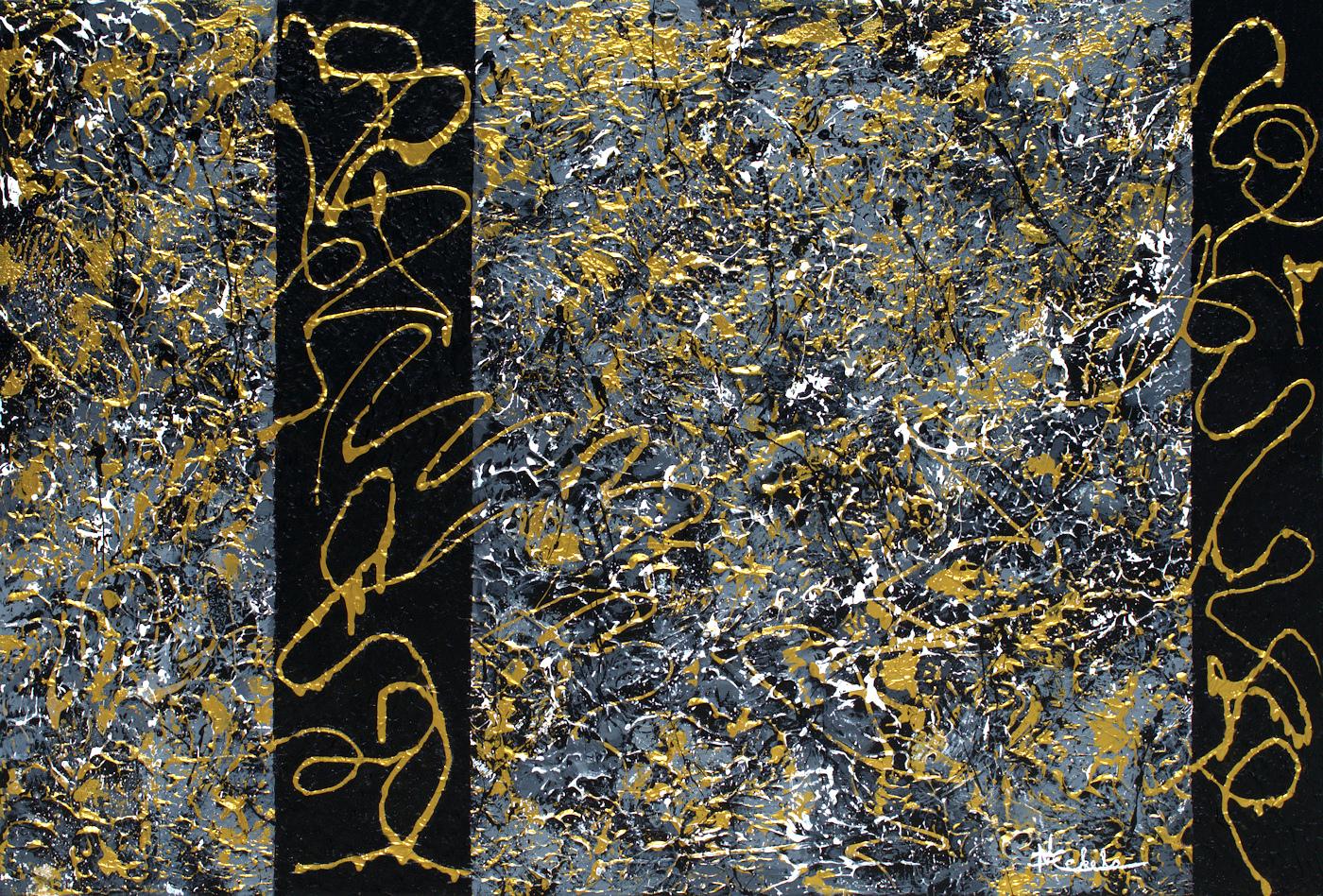 Nancy Eckels Abstract Painting - "Black Tie Affair" mixed media abstract with textural black, tan, gold, grays