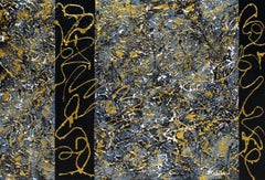 „Black Tie Affair“ Abstraktes Mixed-Media-Kunstwerk mit strukturierten Schwarz-, Hellbraun-, Gold- und Grautönen