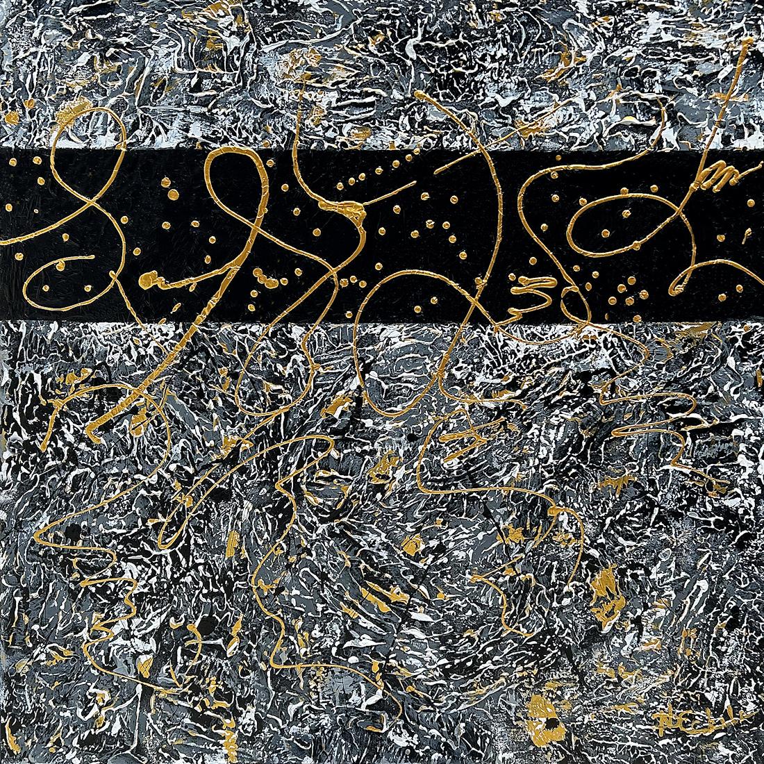 Nancy Eckels Abstract Painting - "Black Tie And Bubbly" mixed media abstract w/ textural black, tan, gold, grays