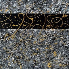 "Black Tie And Bubbly" mixed media abstract w/ textural black, tan, gold, grays