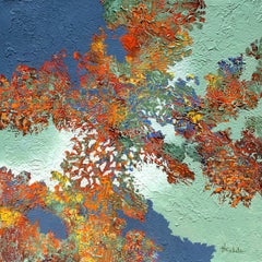 "Blooming Color"Mixed Media abstract with textural gold, blue, red and lavender 