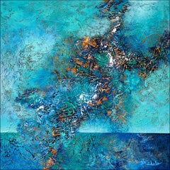 "Blue Smoke" Mixed Media abstract with textural blues, white and tans