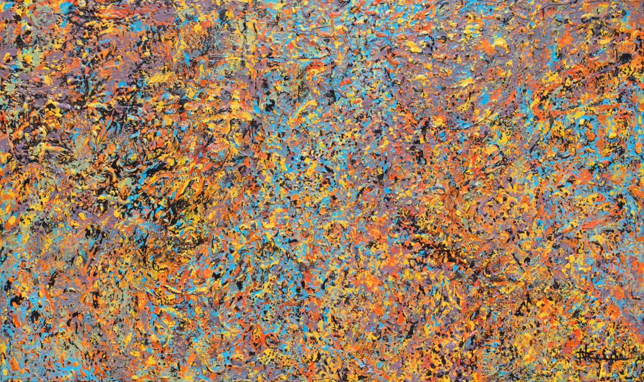 Nancy Eckels Abstract Painting - "Blue Trickle" Mixed Media with textural orange, green, blue and grays