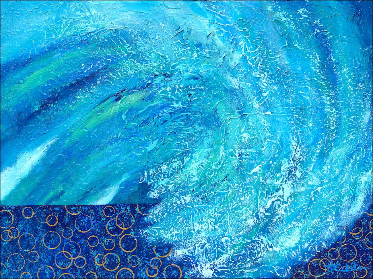 ""Bubbly At The Beach" Abstraktes Mixed Media mit strukturierten Blau-, Teal- und Türkistönen – Mixed Media Art von Nancy Eckels
