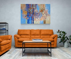 "Calm and Chaos" mixed media abstract with textural blues, orange, and reds