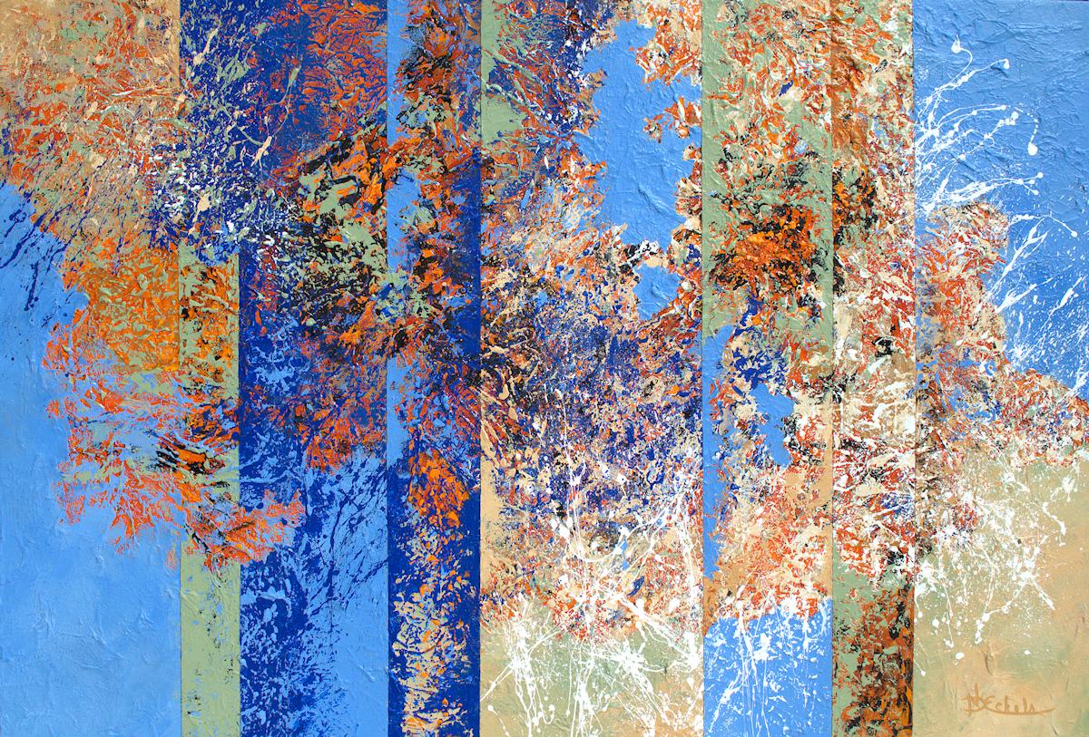 "Calm and Chaos" mixed media abstract with textural blues, orange, and reds – Mixed Media Art von Nancy Eckels