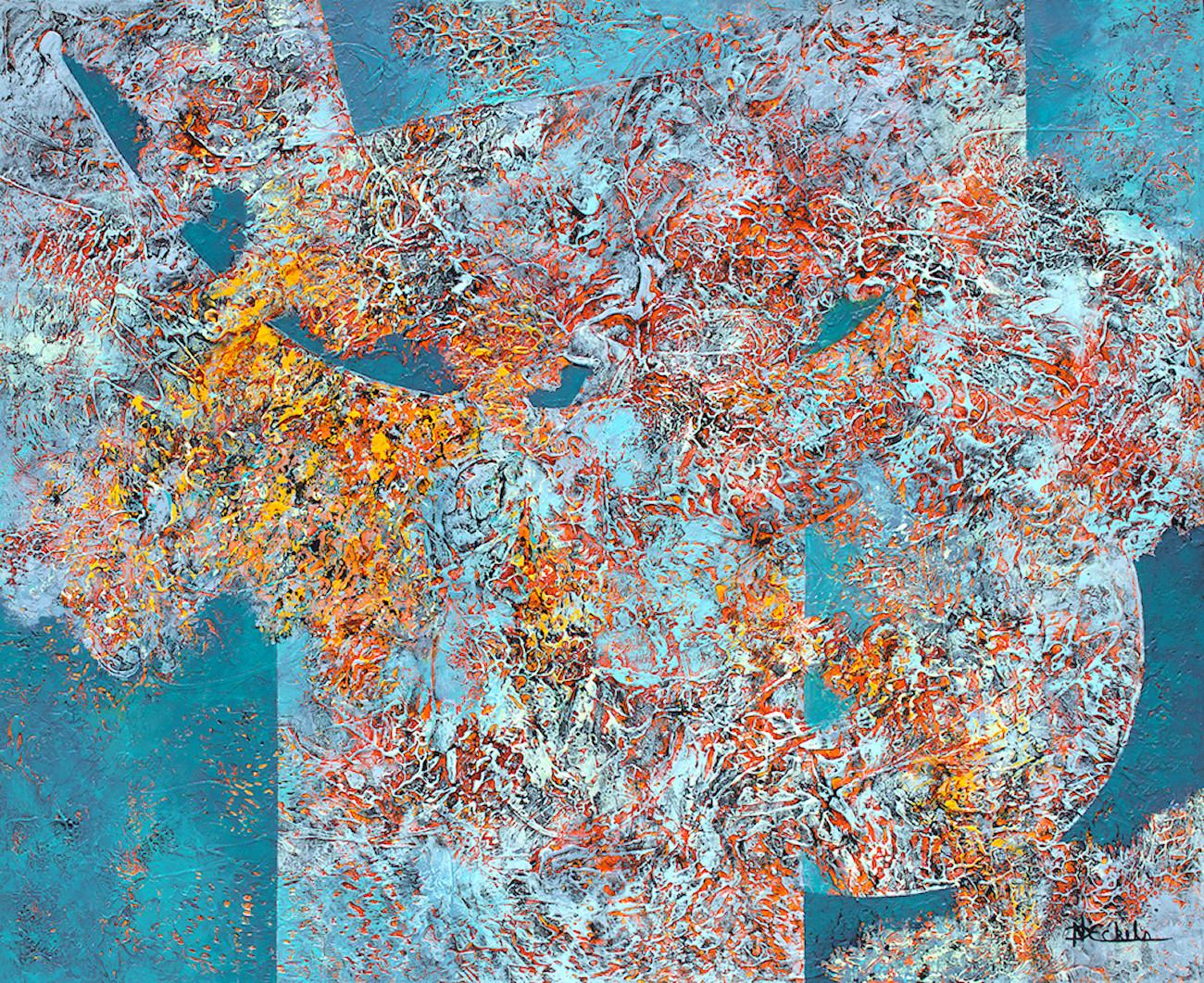 Nancy Eckels Abstract Painting – ""Can't Fix Wild" Abstraktes Mixed Media mit strukturierten Blau-, Orange- und Rottönen