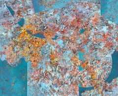 "Can't Fix Wild" Mixed Media abstract with textural blues, orange and reds