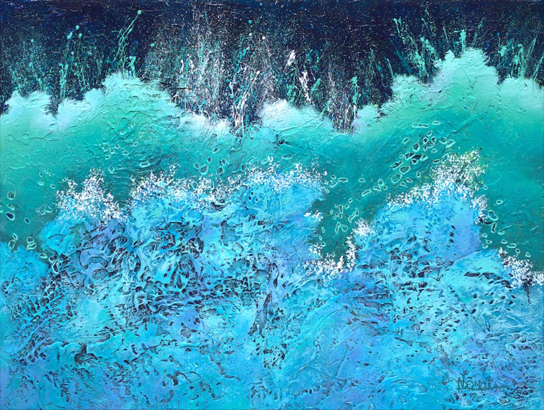 "Churning"" Mixed Media abstract with textural greens, blues and aquas - Mixed Media Art by Nancy Eckels