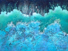 "Churning"" Mixed Media abstract with textural greens, blues and aquas