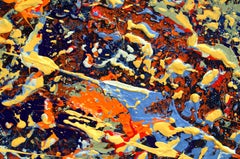 "Circus Triptych" Mixed Media abstract with textural blues, orange, and lavender