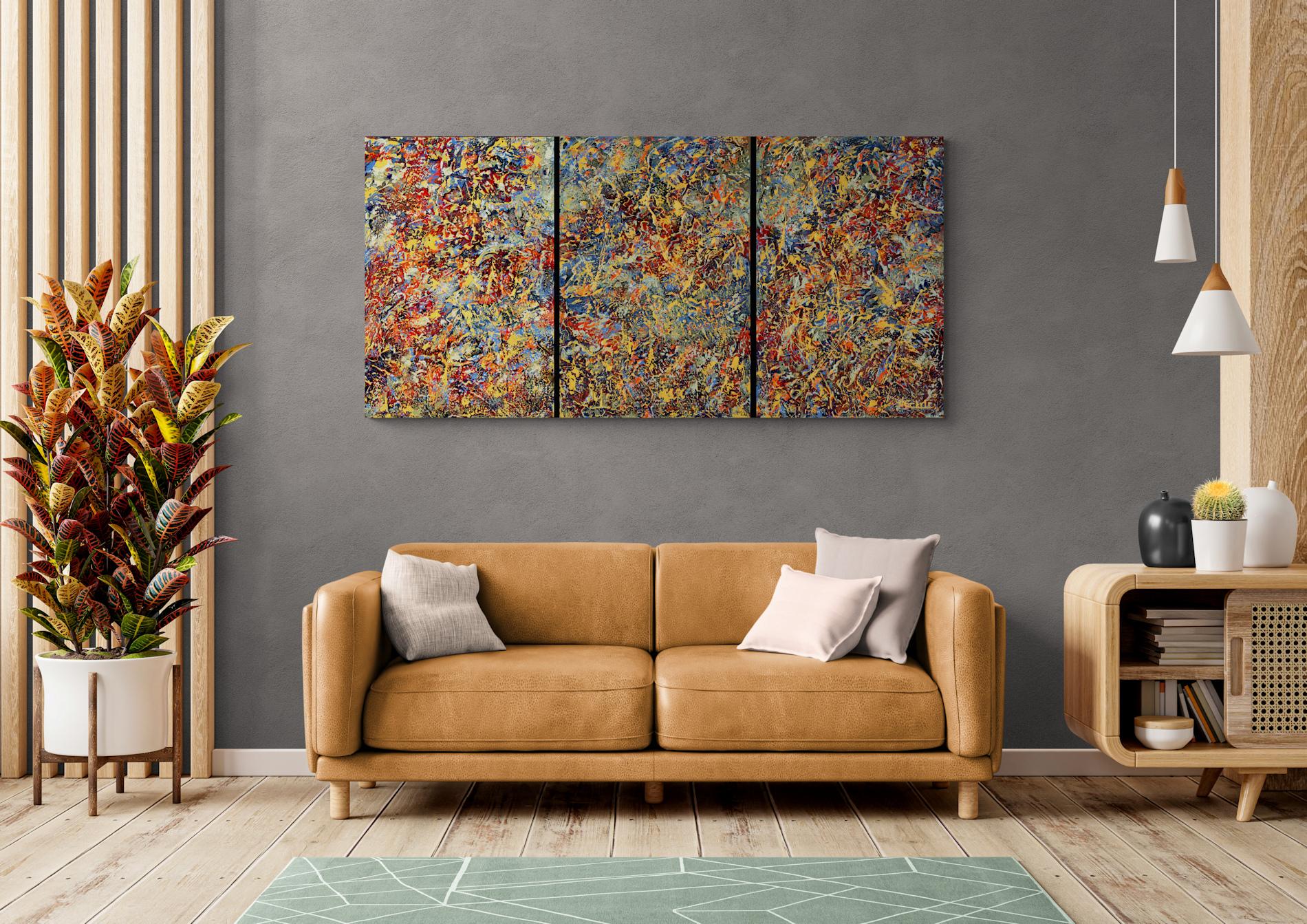 „Circus Triptychon“ Abstraktes Mixed Media-Gemälde mit strukturiertem Blau, Orange und Lavendel im Angebot 1