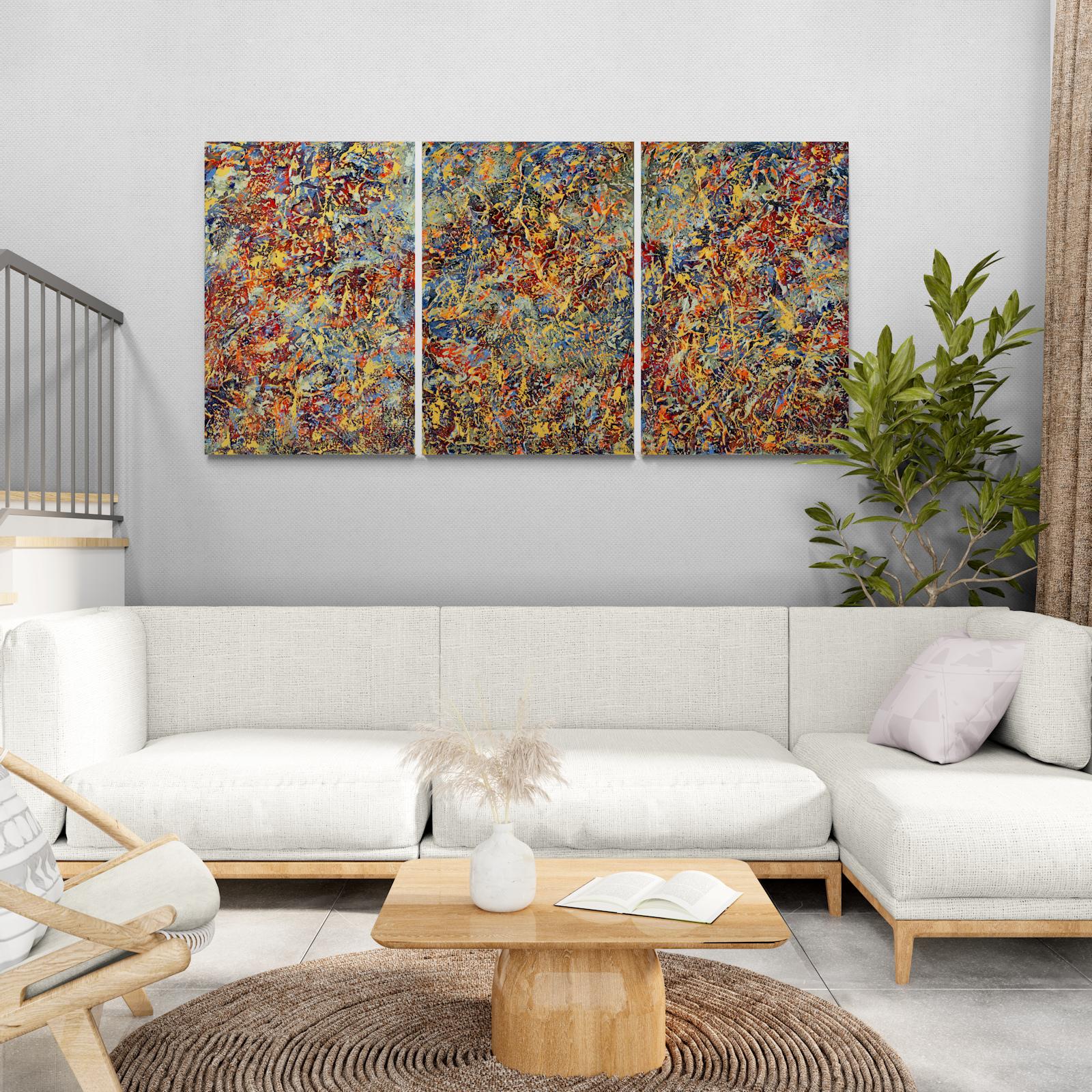 „Circus Triptychon“ Abstraktes Mixed Media-Gemälde mit strukturiertem Blau, Orange und Lavendel im Angebot 2