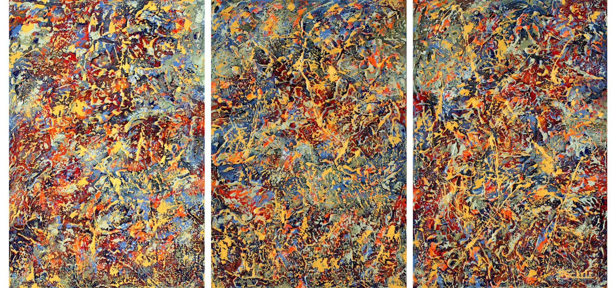 « Caucus Triptych », technique mixte abstraite avec des bleus, orange et lavande texturés - Mixed Media Art de Nancy Eckels