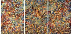« Caucus Triptych », technique mixte abstraite avec des bleus, orange et lavande texturés