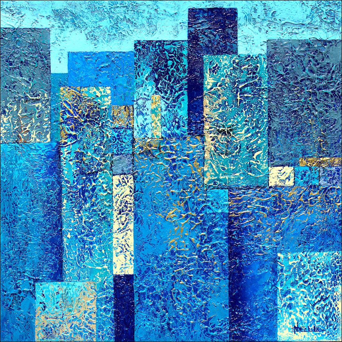 Nancy Eckels Abstract Painting - "City Glitz"  Mixed Media abstract with textural blues, teal, metallic gold