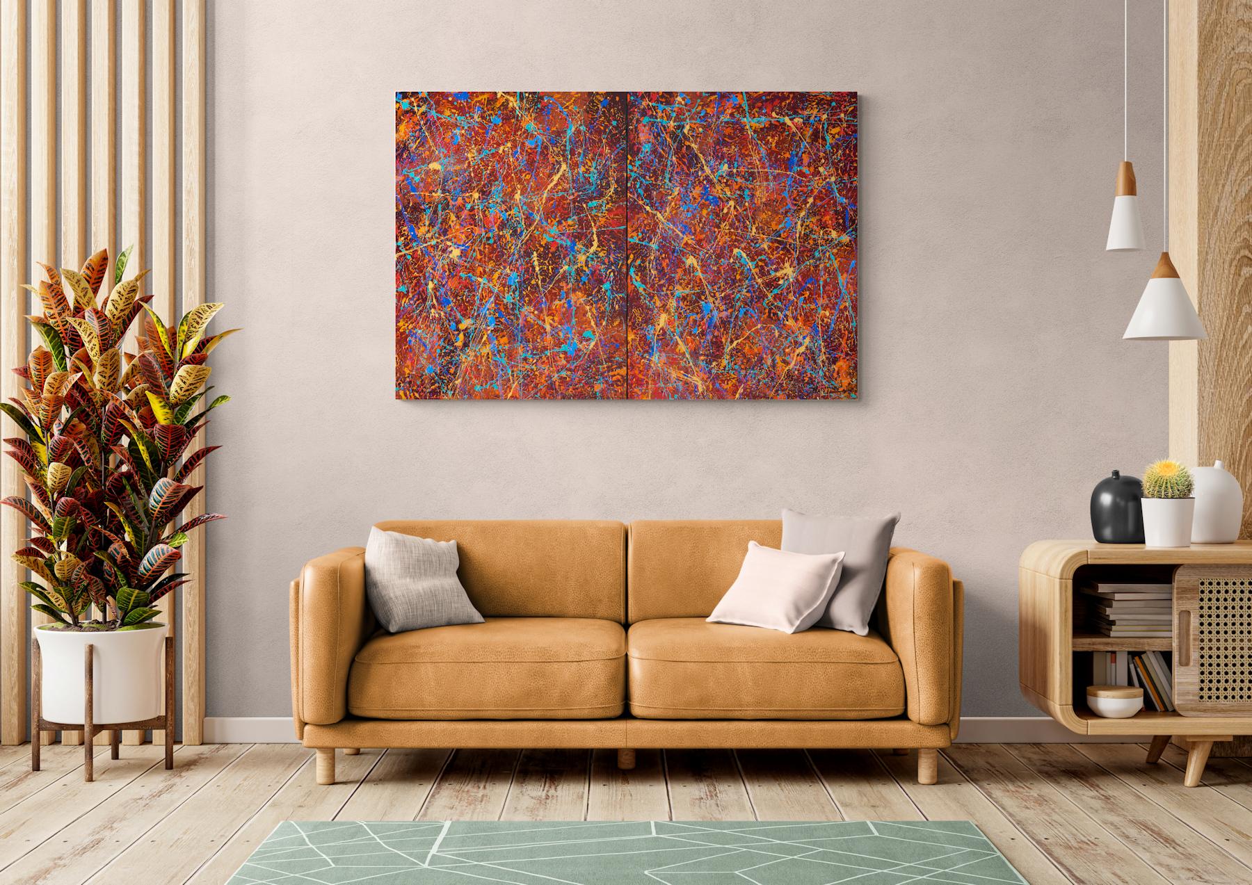 « Color Chaos Diptych », technique mixte abstraite avec texture rouge, orange, bleu - Painting de Nancy Eckels