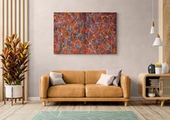 ""Color Chaos Diptych" Mixed Media abstract with textural Red, Orange, Blues