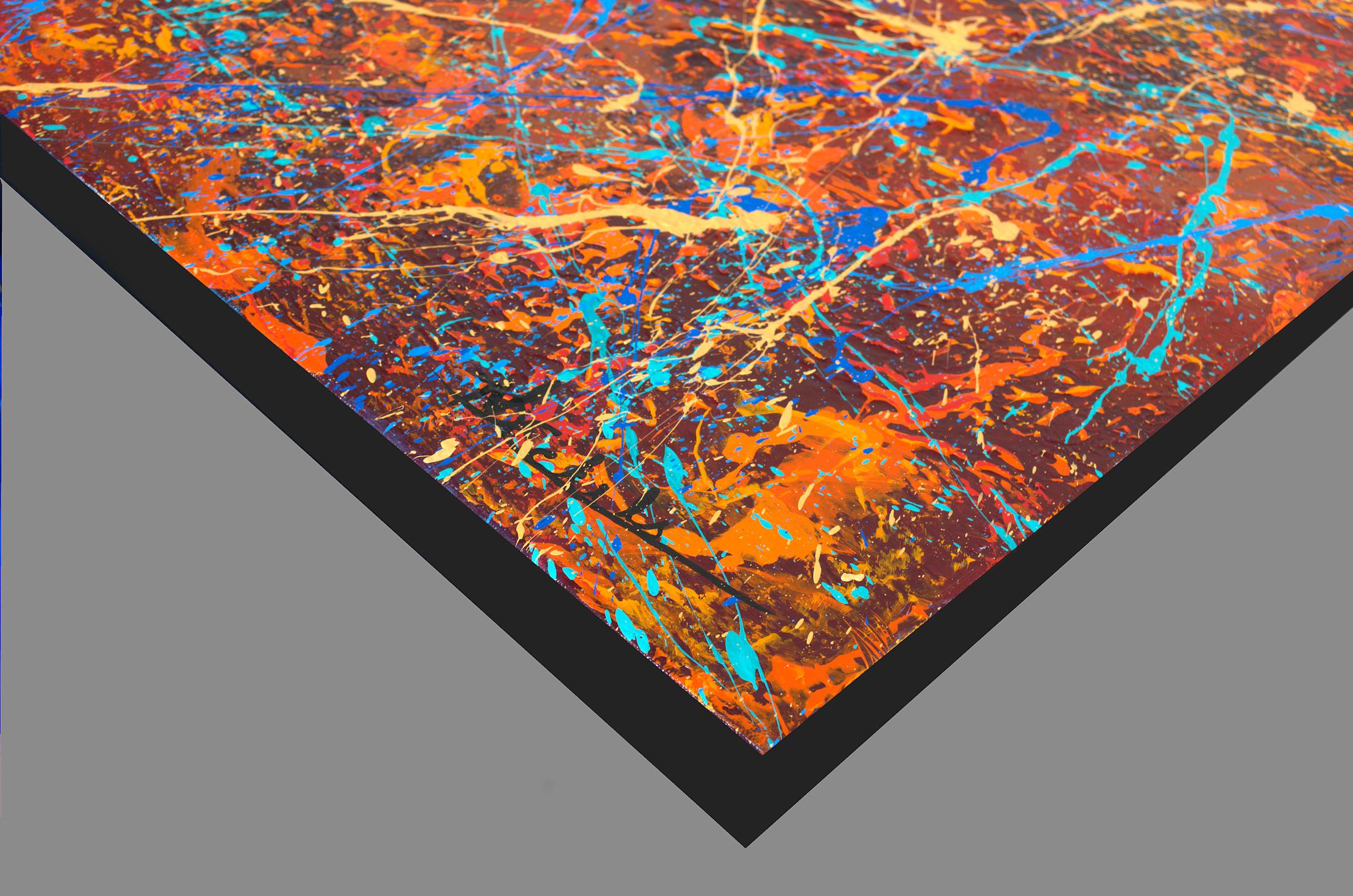 « Color Chaos Diptych », technique mixte abstraite avec texture rouge, orange, bleu - Expressionnisme abstrait Painting par Nancy Eckels