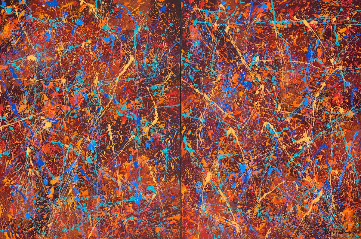 Nancy Eckels Abstract Painting - ""Color Chaos Diptych" Mixed Media abstract with textural Red, Orange, Blues