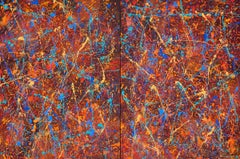 ""Color Chaos Diptych" Mixed Media abstract with textural Red, Orange, Blues