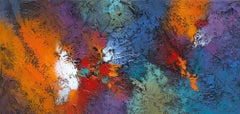"Color Collision" by Nancy Eckels abstract painting with textural blues and reds
