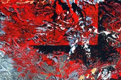 "Cool and Crimson" Mixed Media abstract with textural reds, blues, tans,