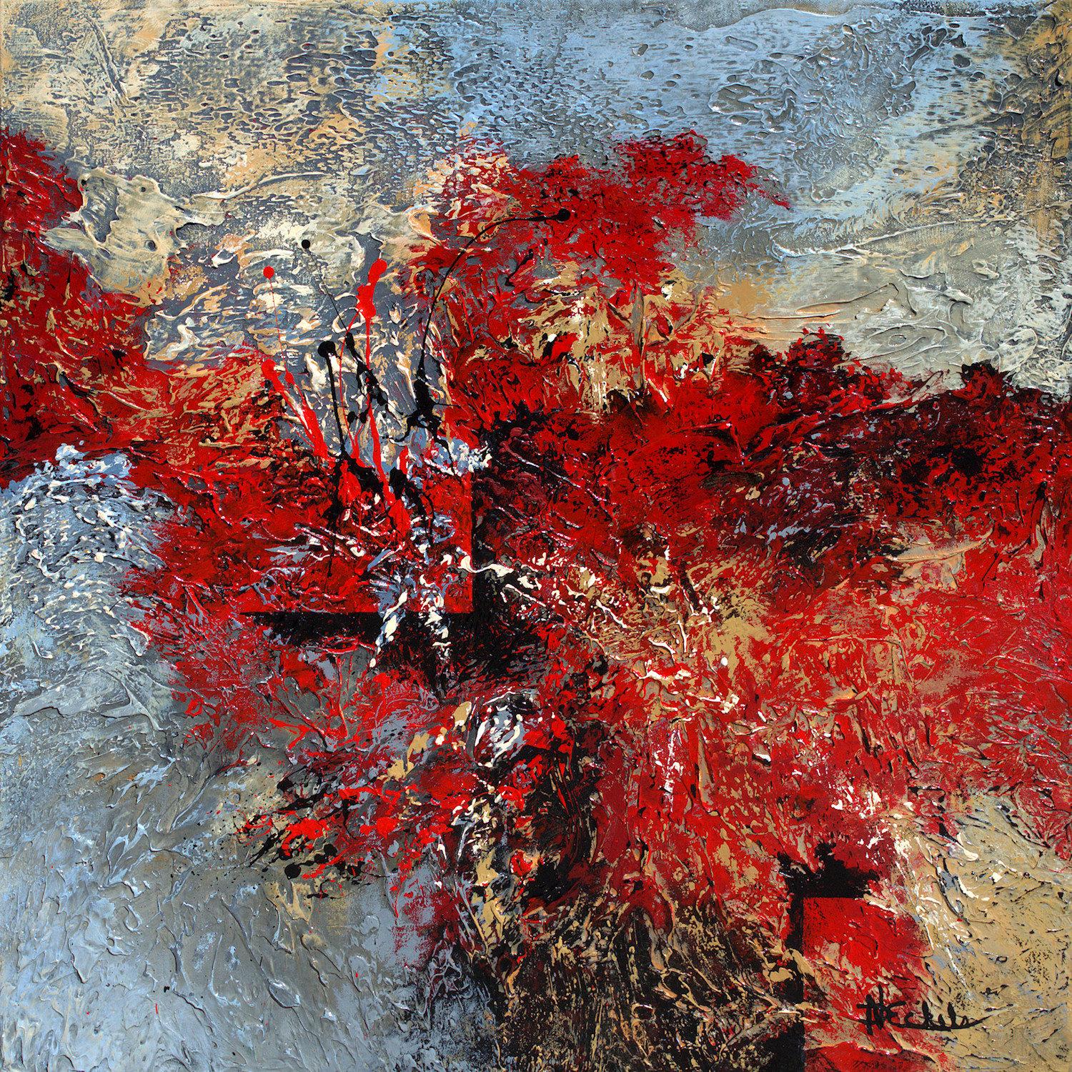 Nancy Eckels Abstract Painting - "Cool and Crimson" Mixed Media abstract with textural reds, blues, tans, 