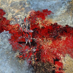 "Cool and Crimson" Mixed Media abstract with textural reds, blues, tans, 