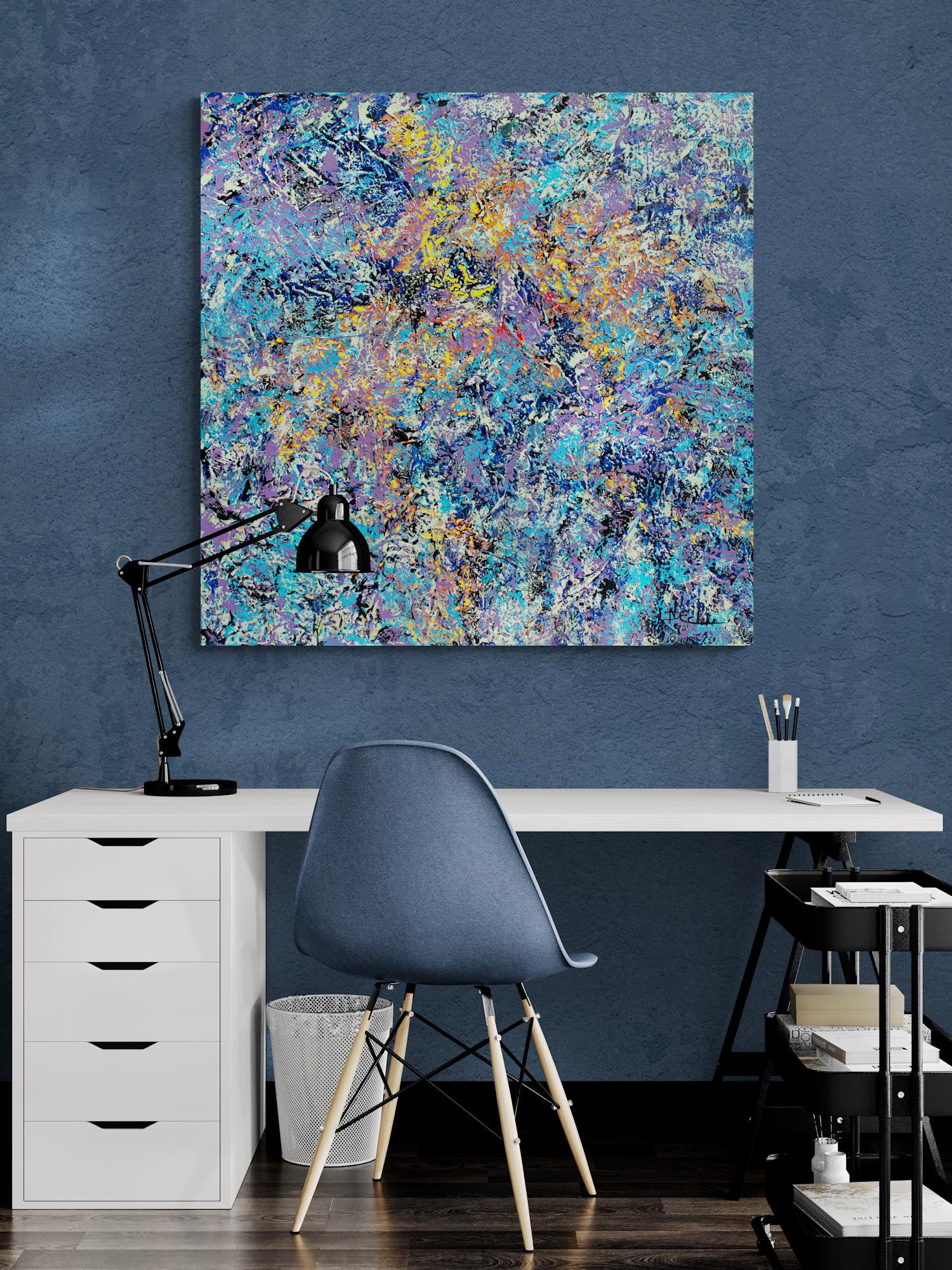 „Cool Day, Warm Breeze“ Großer abstrakter Kommoden mit Textur in Blau, Orange und Lavendel – Painting von Nancy Eckels